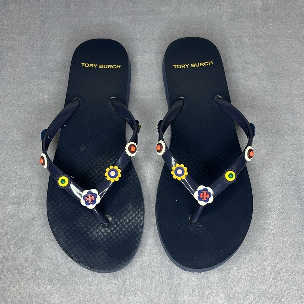 Tory Burch Marguerite Floral Charm Flip Flops Navy Size 6-7